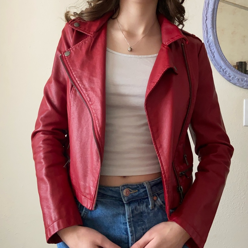 Bright Red Cropped Leather Jacket Forever 21 Size S